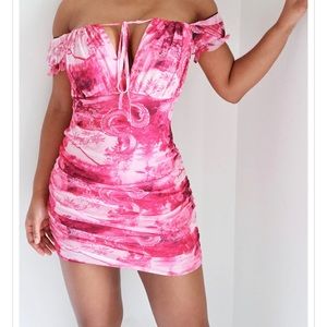 Pink Dragon Print Ruched Dress